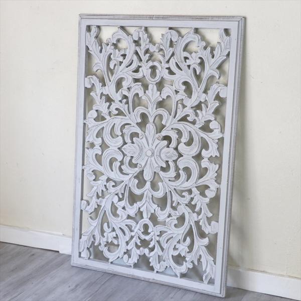 木彫り木製パネル長方形H91×W60×D2cm アラベスクデザインレリーフ グレー/wood car...