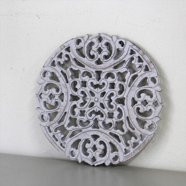 木彫り木製パネルラウンド直径30cm アラベスクデザインレリーフ グレー/wood carving ...