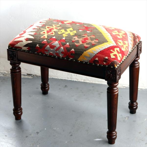 オールドキリムスツールベンチ H52×W54×D35cm オールドキリム木製家具 old kilim...