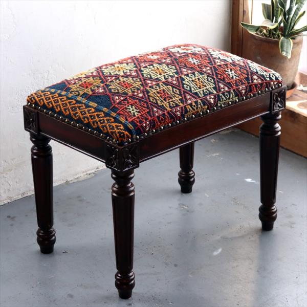 オールドキリムスツールベンチ H52×W54×D35cm オールドキリム木製家具 old kilim...