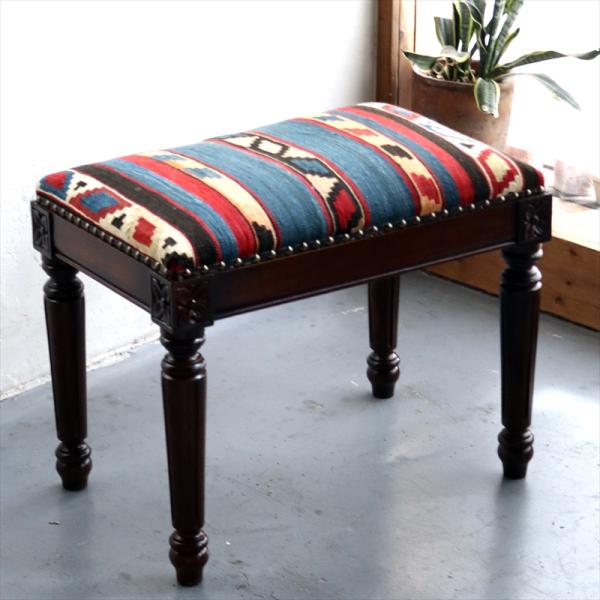 オールドキリムスツールベンチ H52×W54×D35cm オールドキリム木製家具 old kilim...