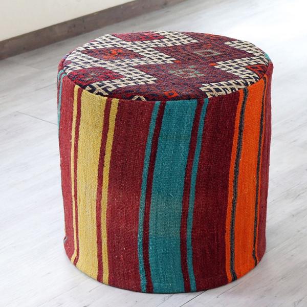 オールドキリムプフ シリンダー Old Kilim Pouf Cylinder カラフルボーダー【中...