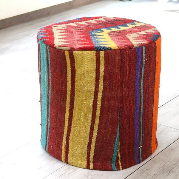 オールドキリムプフ シリンダー Old Kilim Pouf Cylinder カラフルボーダー【中...