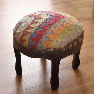 オールドキリムスツール 直径35×H29cm ラウンド イーブルアイ キリム木製家具・スツール・オットマン old kilim stool ottman wood furniture｜ipogabbeh