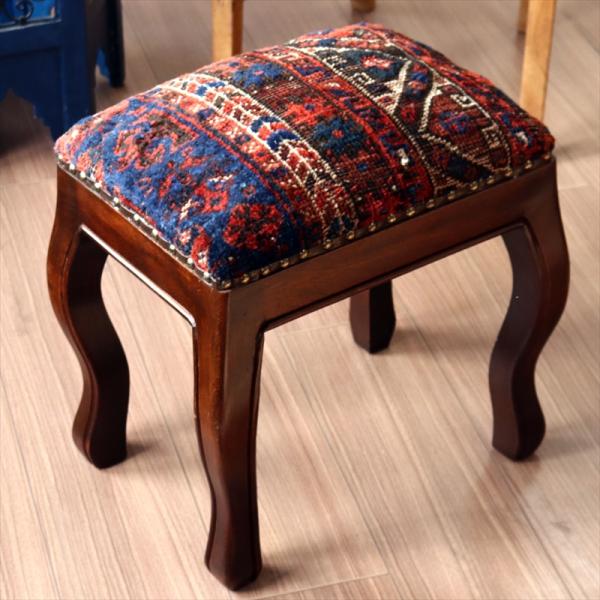 アンティークラグ木製家具 H41×W38×D28cm スツール オットマン レクタングル antiq...