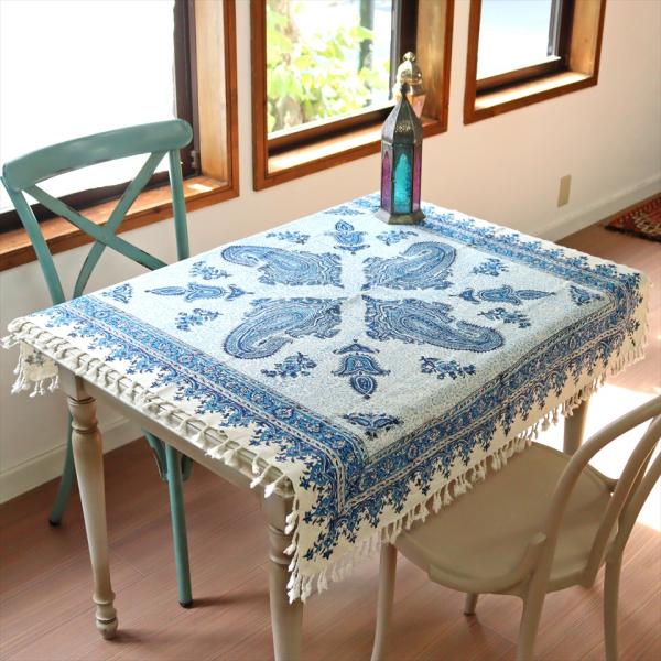 ペルシャ更紗 ガラムカール 100×95cm ブルー系 ペイズリー柄 テーブルクロス マルチクロス