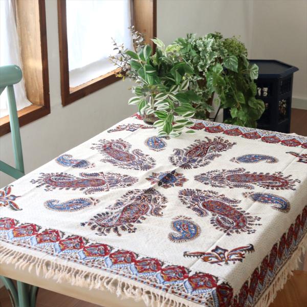 ペルシャ更紗 ガラムカール 100x100cmサイズ アンバー系 ペイズリー柄 テーブルクロス マル...