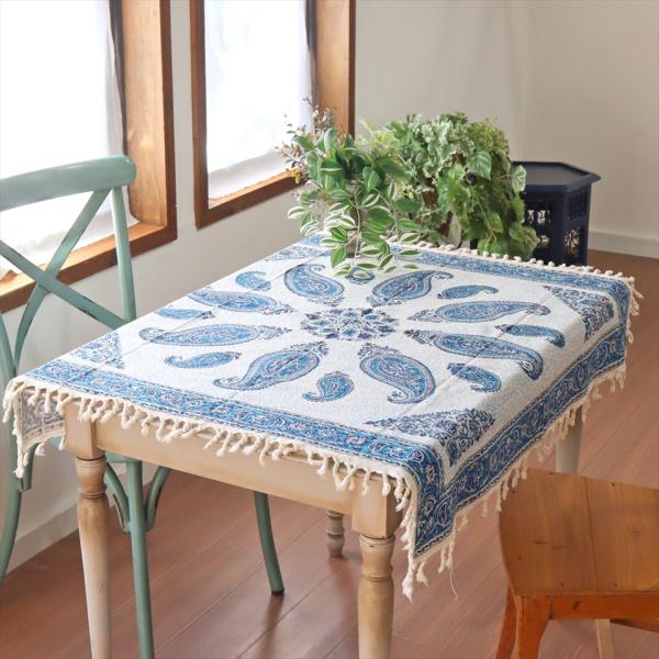 ペルシャ更紗 ガラムカール 100x100cmサイズ ブルー系 ペイズリー柄 テーブルクロス マルチ...