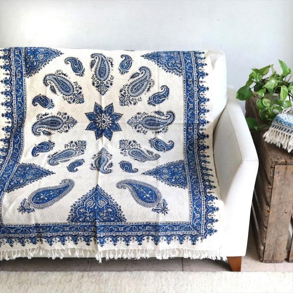 ペルシャ更紗 イラン手染め布/148x98cm ソファカバー テーブルクロス/ブルー系ペイズリー柄