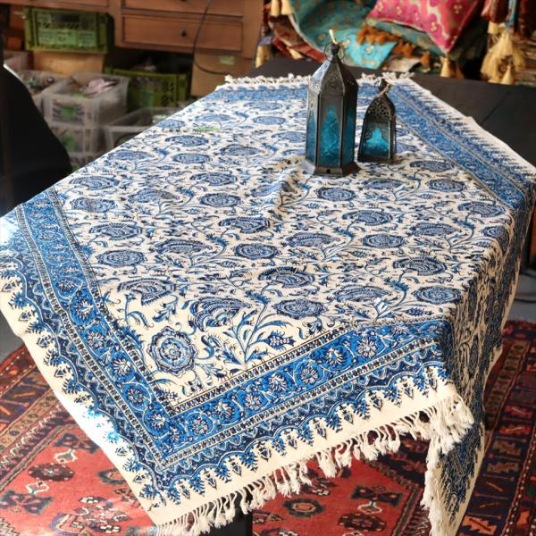 ペルシャ更紗 イラン手染め布/150x100cmサイズ ソファカバー タペストリー ブルー系フラワー...