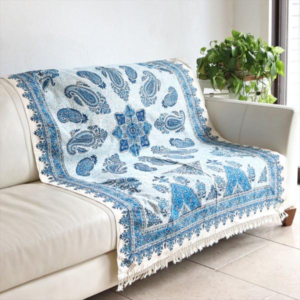 ペルシャ更紗 イラン手染め布 150x101cm ブルー ペイズリー イラン手染め布 テーブルクロス...
