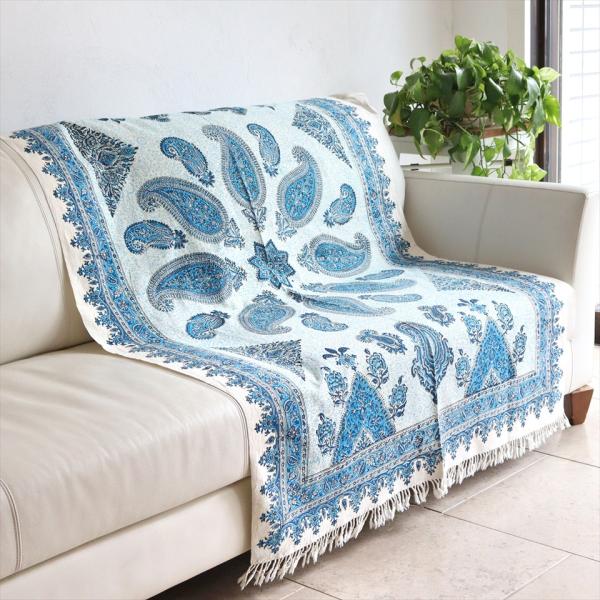 ペルシャ更紗 イラン手染め布 148x100cm ブルー ペイズリー イラン手染め布 テーブルクロス...