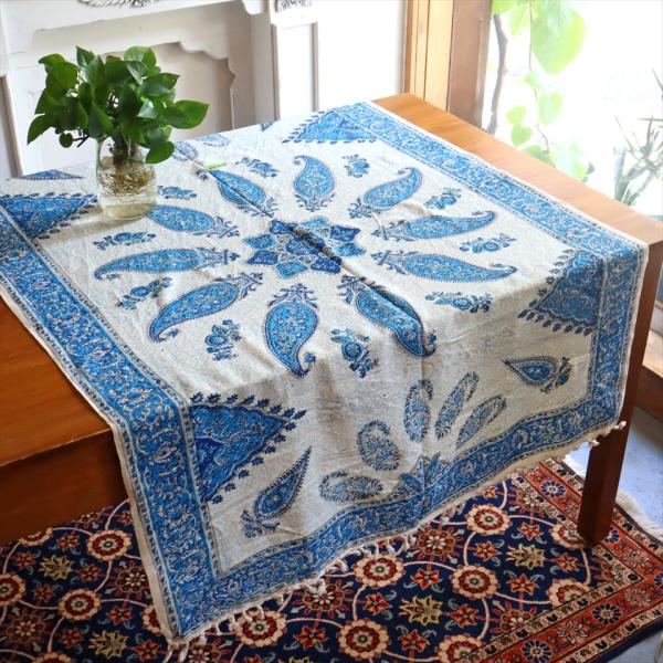 ペルシャ更紗 イラン手染め布 145×98cm ブルー系 ペイズリー テーブルクロス ソファーカバー