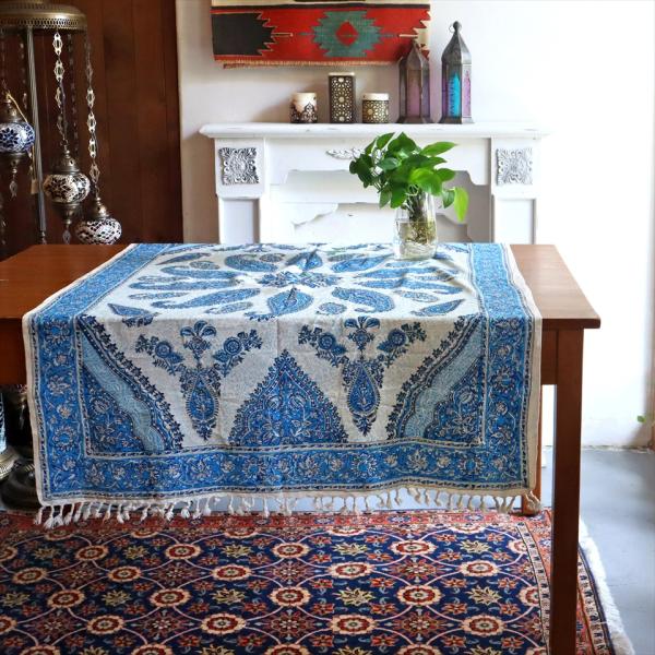 ペルシャ更紗 イラン手染め布 142×97cm ブルー系 ペイズリー テーブルクロス ソファーカバー