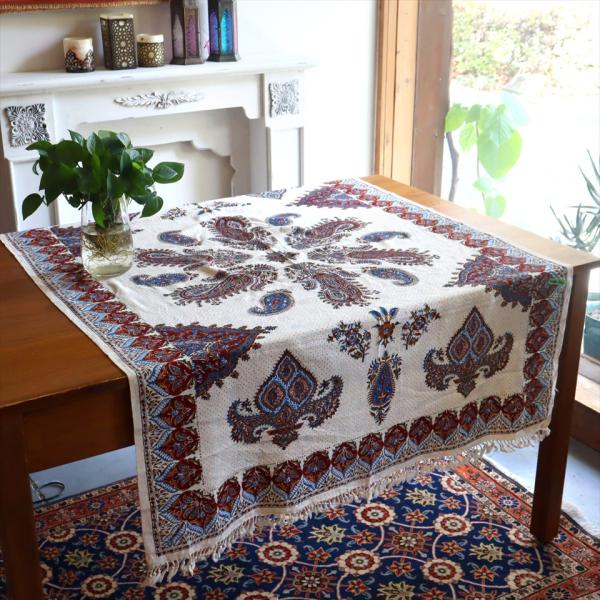 ペルシャ更紗 イラン手染め布 144×100cm アンバー系 ペイズリー テーブルクロス ソファーカ...
