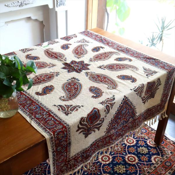 ペルシャ更紗 イラン手染め布 140×100cm アンバー系 ペイズリー テーブルクロス ソファーカ...