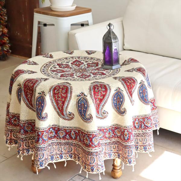 ペルシャ更紗 イラン手染め布 円形 Φ142cm  ソファーカバー テーブルクロス アンバー系 ペイ...