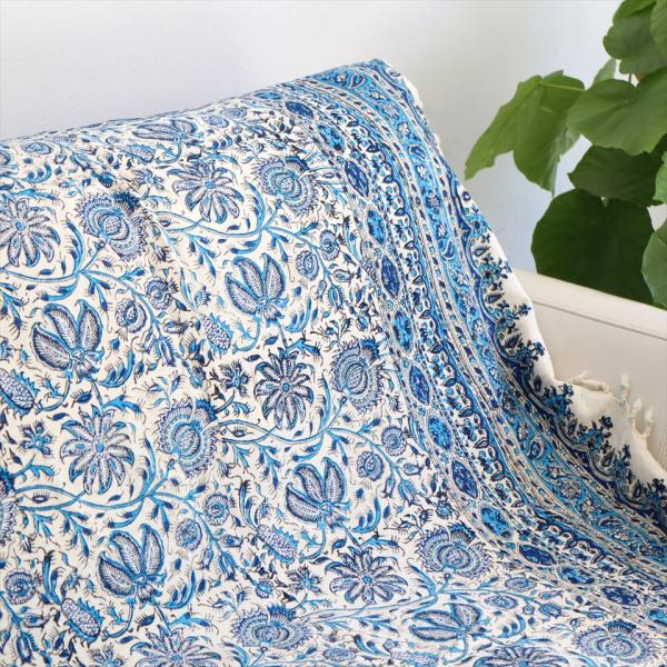 ペルシャ更紗 イラン手染め布 200ｘ135cmサイズ ブルー系 フラワー柄  テーブルクロス ソフ...