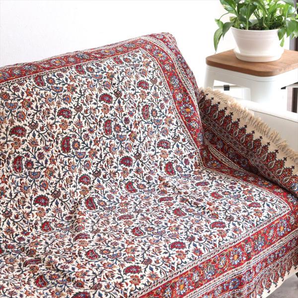 ペルシャ更紗 イラン手染め布 191×133cm ガラムカール アンバー系 フラワー柄 テーブルクロ...