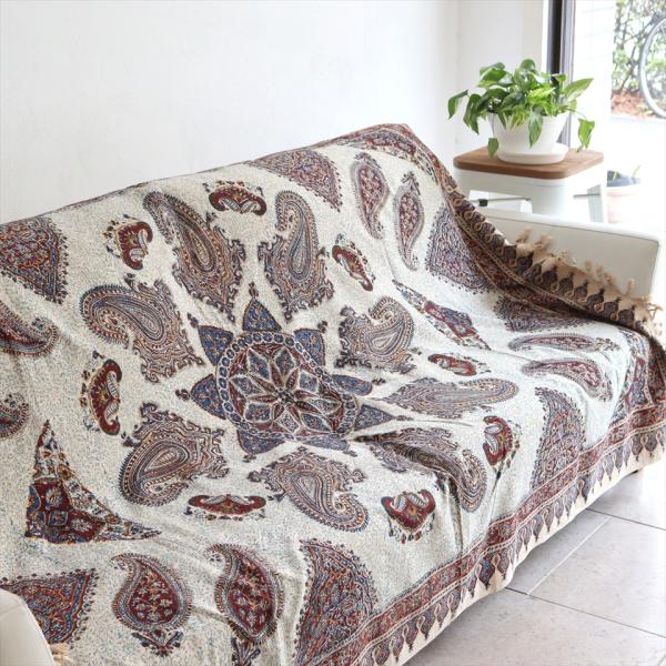 ペルシャ更紗 イラン手染め布 194×128cm ガラムカール アンバー系ペイズリー柄 テーブルクロ...