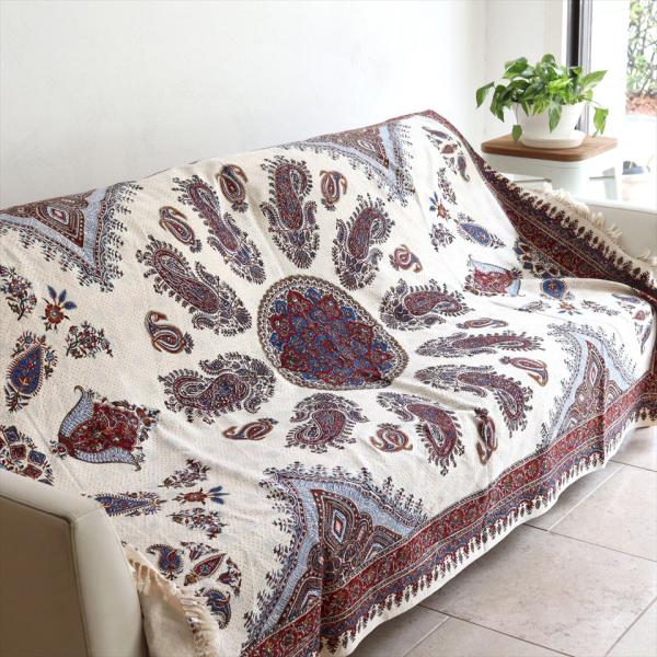 ペルシャ更紗 イラン手染め布 194×132cm ガラムカール アンバー系ペイズリー柄 テーブルクロ...