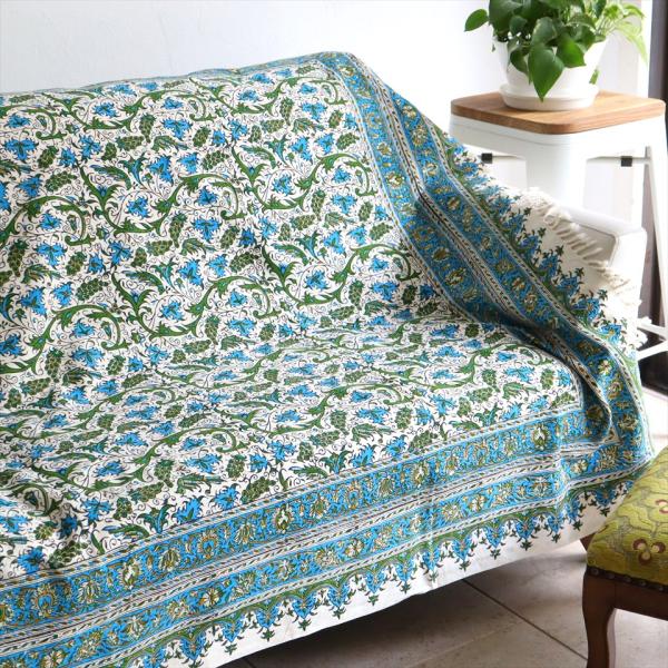 ペルシャ更紗 イラン手染め布 204x132cm ブルー系　葡萄柄 テーブルクロス ソファカバー