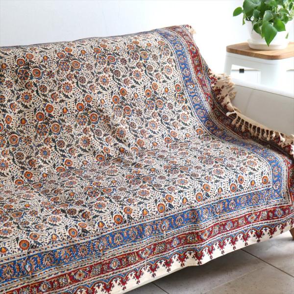 ペルシャ更紗 イラン手染め布 195x131cm アンバー系　フラワー柄 テーブルクロス ソファカバ...