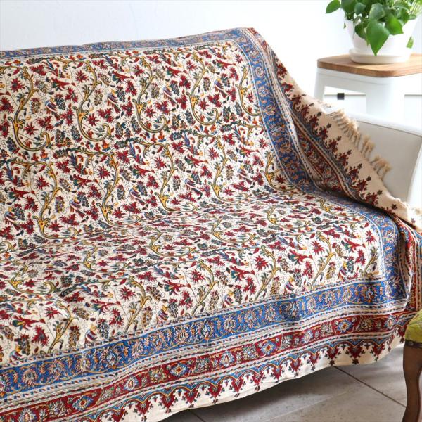 ペルシャ更紗 イラン手染め布 195x132cm アンバー系 葡萄柄 テーブルクロス ソファカバー