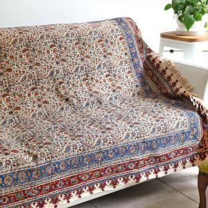 ペルシャ更紗 イラン手染め布 195x132cm アンバー系 フラワー柄 テーブルクロス ソファカバー