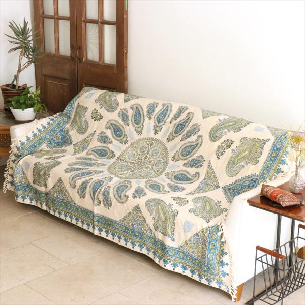 ペルシャ更紗 イラン手染め布 200×130cm ブルー/グリーン ペイズリー柄 テーブルクロス ソ...