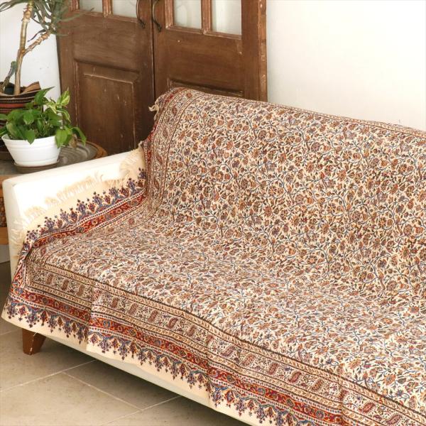 ペルシャ更紗 イラン手染め布 193×130cm アンバー系 フラワー柄 テーブルクロス ソファカバ...