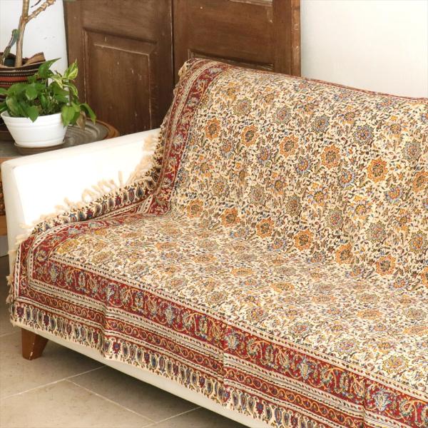 ペルシャ更紗 イラン手染め布 183×128cm アンバー系 フラワー柄 テーブルクロス ソファカバ...