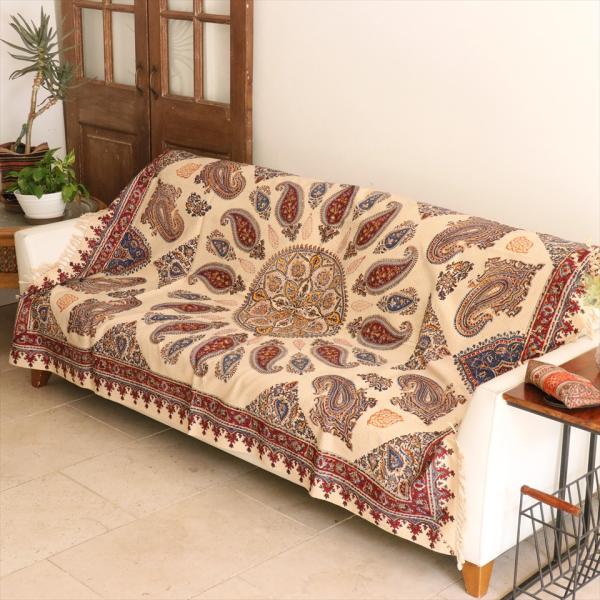 ペルシャ更紗 イラン手染め布 197×130cm アンバー系 ペイズリー柄 テーブルクロス ソファカ...