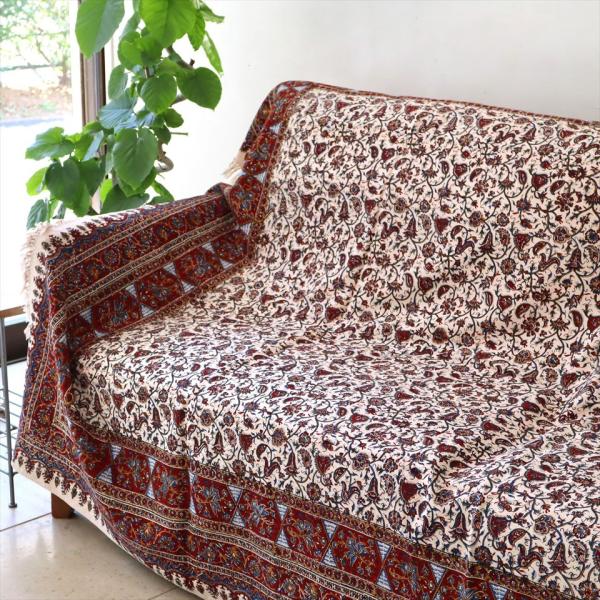 ペルシャ更紗 イラン手染め布 ガラムカール 240×160cmサイズ アンバー系ペイズリー柄 コット...