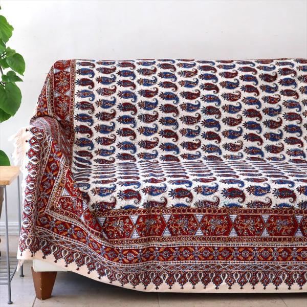 ペルシャ更紗 イラン手染め布 ガラムカール 233×150cm アンバー系ペイズリー柄 コットンマル...