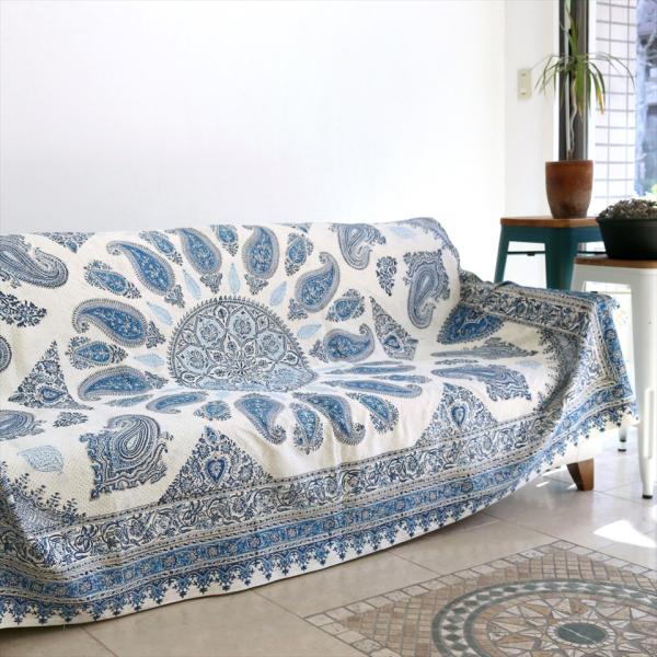 ペルシャ更紗 イラン手染め布 240x160cmサイズ ソファーカバー テーブルクロス ブルー系ペイ...