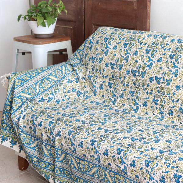 ペルシャ更紗 ガラムカール 240×156cm ブルー/グリーン フラワー柄 テーブルクロス ソファ...