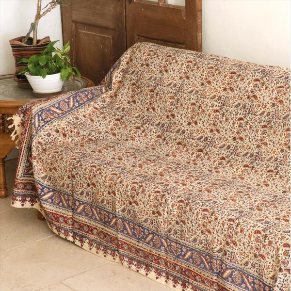 ペルシャ更紗 イラン手染め布 228×148cm アンバー系 フラワー柄 テーブルクロス ソファカバ...