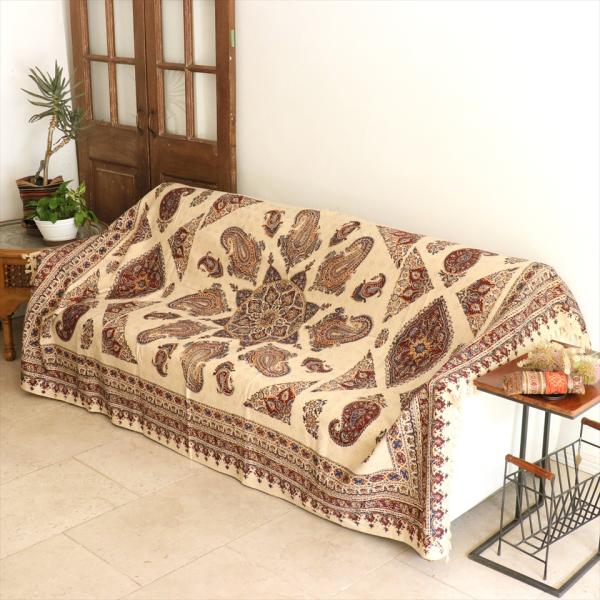 ペルシャ更紗 イラン手染め布 230x150cm アンバー系 ペイズリー柄 テーブルクロス ソファカ...