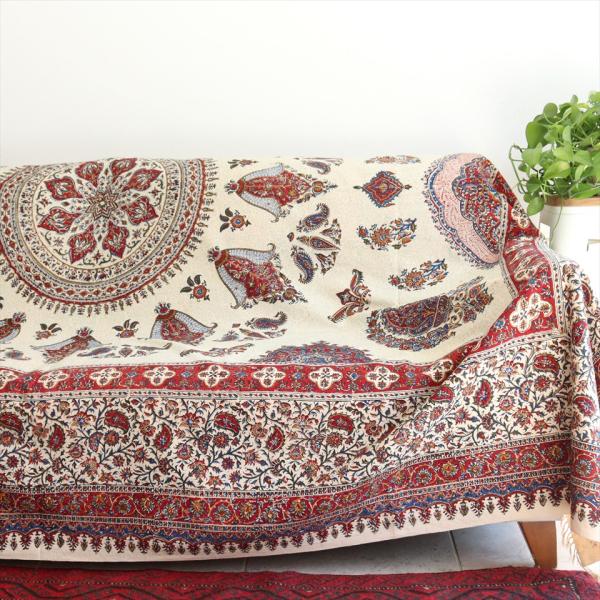 ペルシャ更紗 ガラムカール 262×208cm イラン手染め布 アンバー系 ペイズリー柄 ソファーカ...