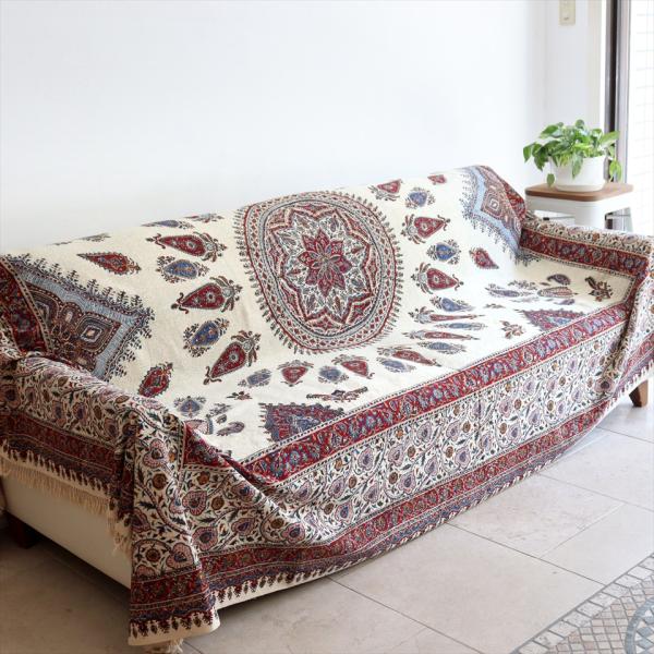 ペルシャ更紗 ガラムカール  261×207cm イラン手染め布 アンバー系 ペイズリー ソファーカ...