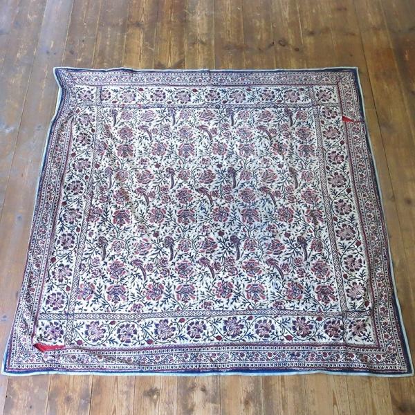 アンティーク ペルシャ更紗 古布 /ガラムカール 花と鳥のモチーフ/裏布付き約108x108cm