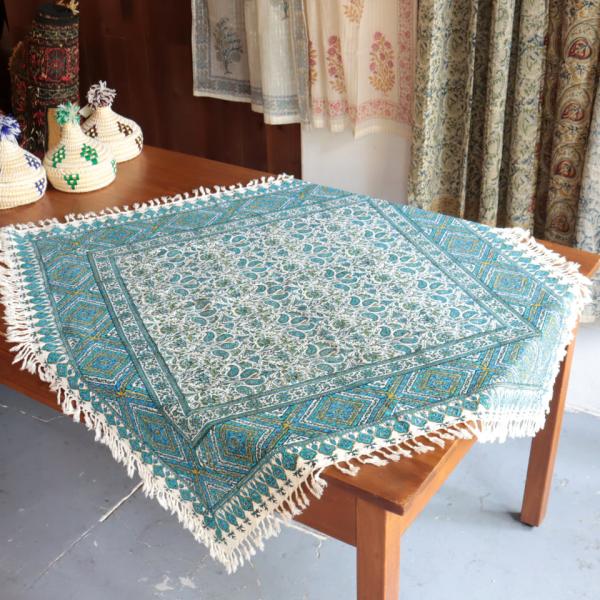 ペルシャ更紗 ガラムカール 100cm正方形 アンティークデザインブルーグリーン フラワー柄 テーブ...