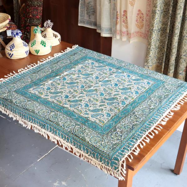 ペルシャ更紗 ガラムカール 100cm正方形 アンティークデザインブルーグリーン ペイズリー テーブ...