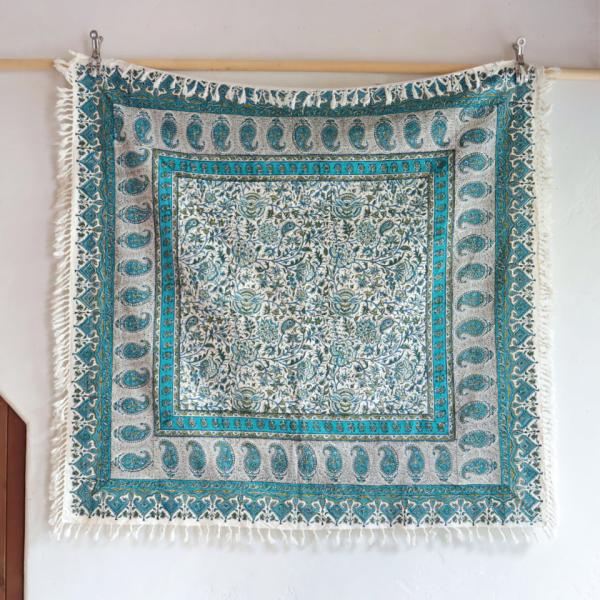 ペルシャ更紗 ガラムカール 100cm正方形 アンティークデザインブルーグリーン フラワー柄 テーブ...