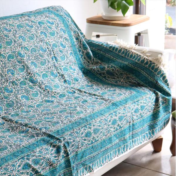 ペルシャ更紗 イラン手染め布 197x132cm アンティークデザイン ブルーグリーン テーブルクロ...