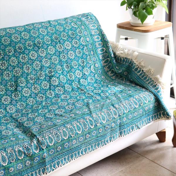 ペルシャ更紗 イラン手染め布 196x132cm アンティークデザイン ブルーグリーン テーブルクロ...