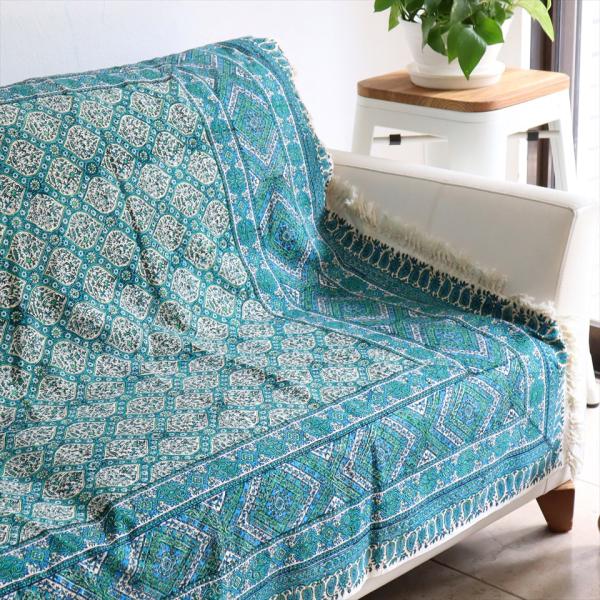 ペルシャ更紗 イラン手染め布 197x133cm アンティークデザイン ブルーグリーン トレリス テ...