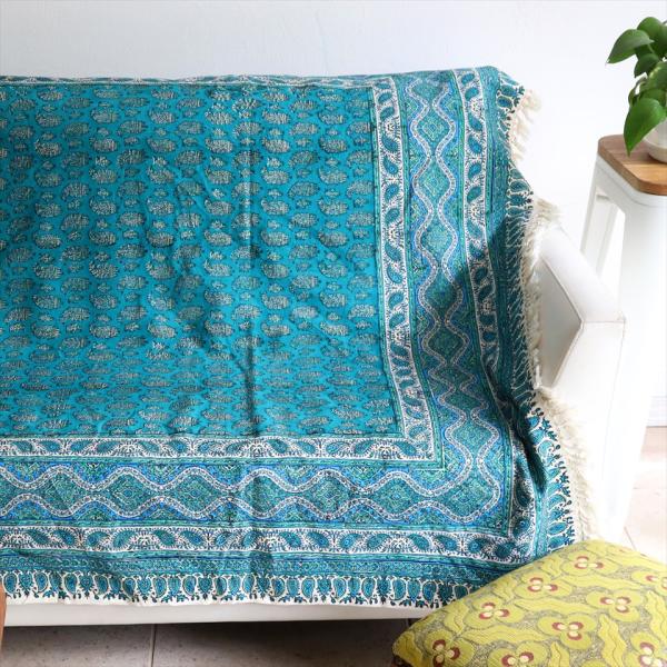 ペルシャ更紗 イラン手染め布 198x133cm アンティークデザイン ブルーグリーン テーブルクロ...