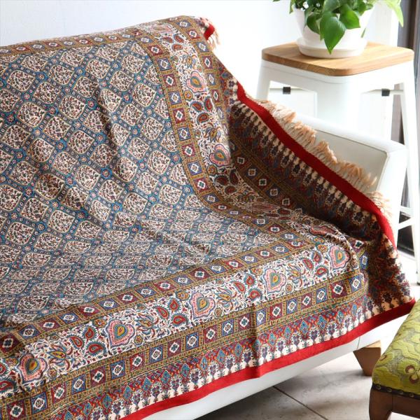 ペルシャ更紗 イラン手染め布 193x131cm アンティークデザイン トレリス テーブルクロス ソ...